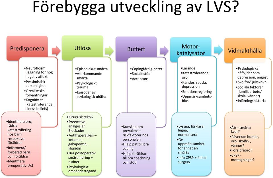 beliefs) Episod akut smärta Återkommande smärta Psykologiskt trauma Episoder av psykologisk ohälsa Copingfärdig- heter Socialt stöd Acceptans Lärande Katastroferande oro Känslor, rädsla, depression