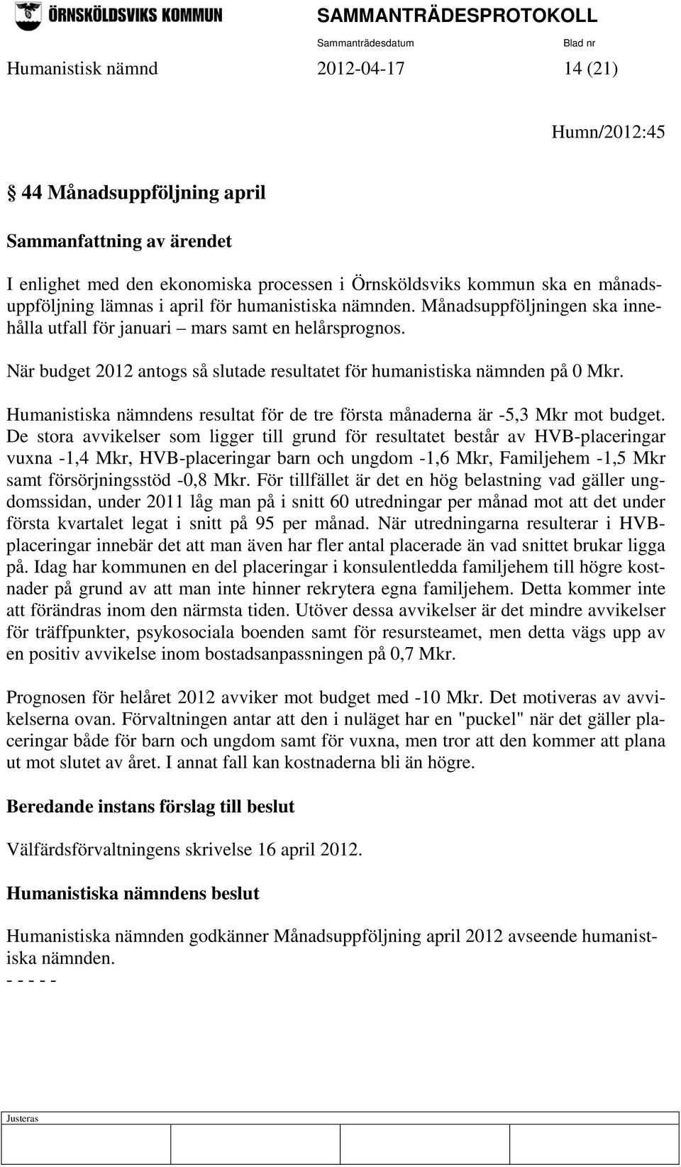 Humanistiska nämndens resultat för de tre första månaderna är -5,3 Mkr mot budget.