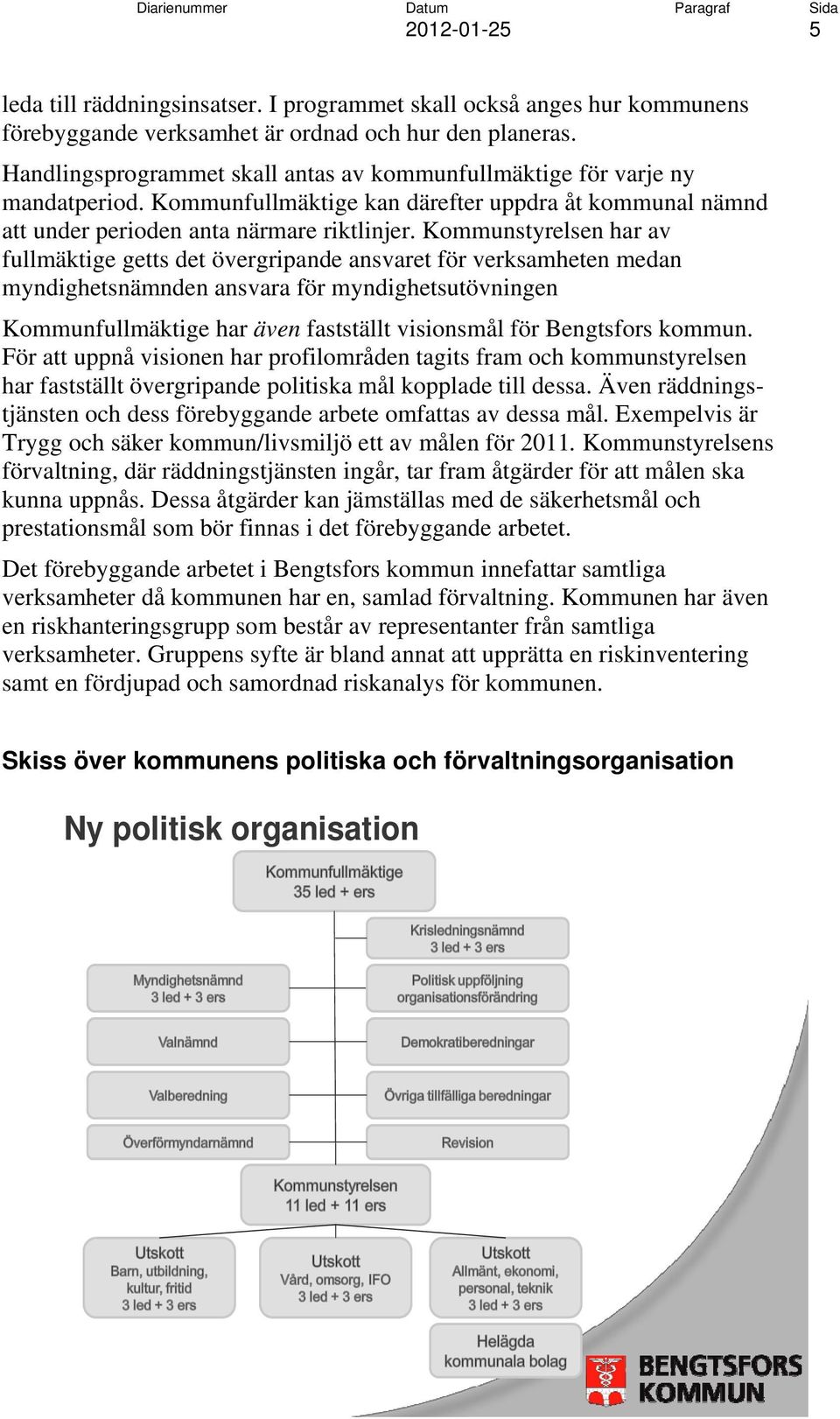 Kommunstyrelsen har av fullmäktige getts det övergripande ansvaret för verksamheten medan myndighetsnämnden ansvara för myndighetsutövningen Kommunfullmäktige har även fastställt visionsmål för