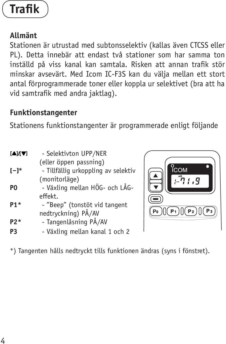 Med Icom IC-F3S kan du välja mel lan ett stort antal för pro gram me ra de toner eller koppla ur selektivet (bra att ha vid sam tra fik med andra jaktlag).