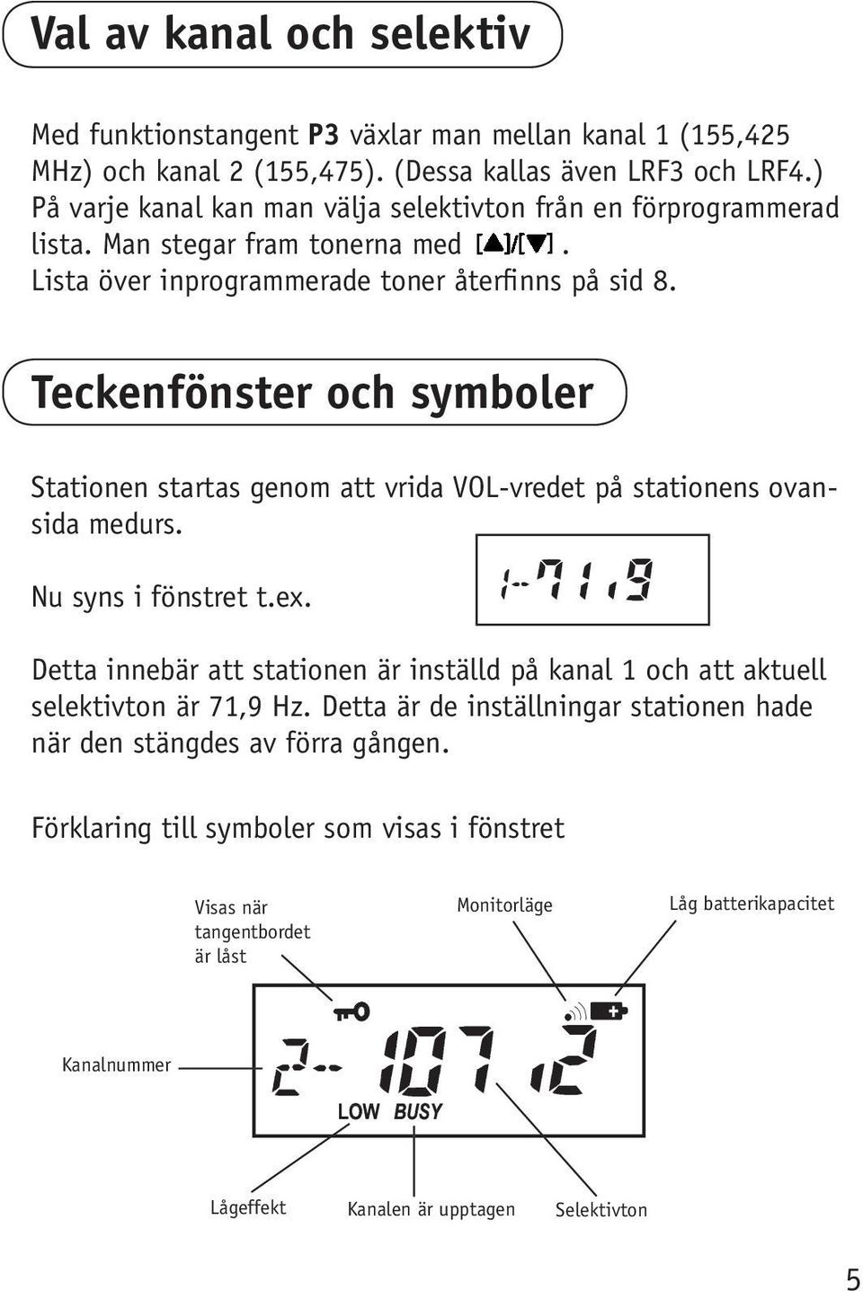 Teckenfönster och symboler Stationen startas genom att vrida VOL-vredet på stationens ovansida medurs. Nu syns i fönstret t.ex.