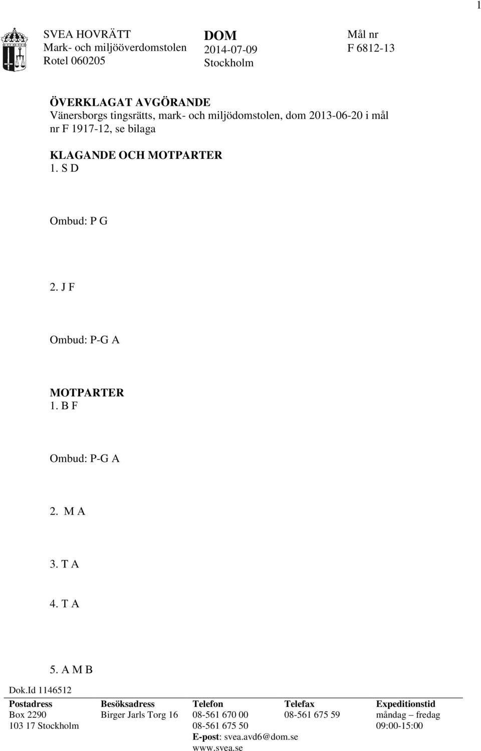 J F Ombud: P-G A MOTPARTER 1. B F Ombud: P-G A 2. M A 3. T A 4. T A 5. A M B Dok.