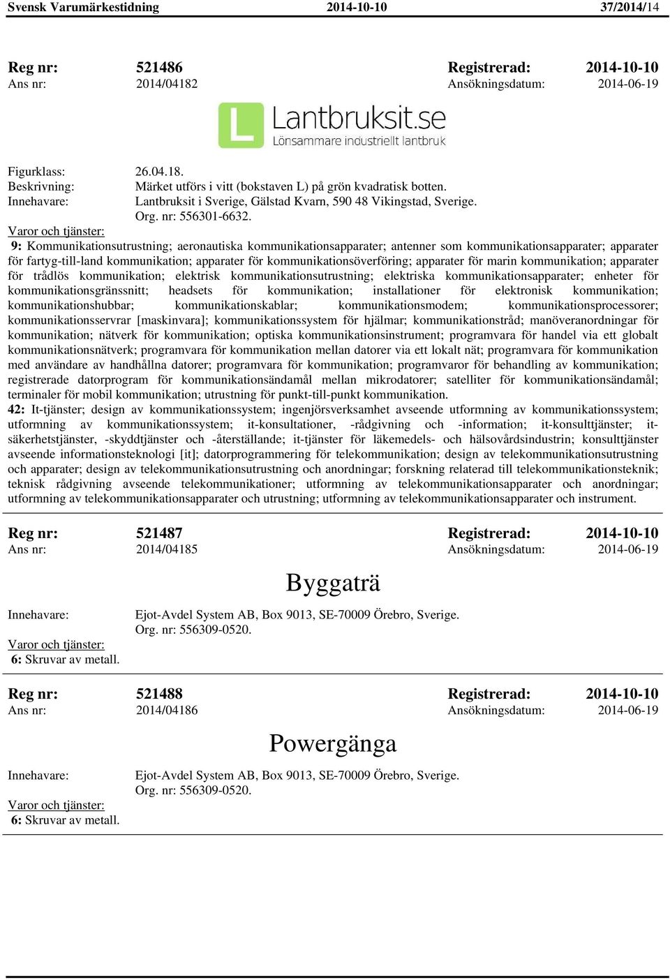 9: Kommunikationsutrustning; aeronautiska kommunikationsapparater; antenner som kommunikationsapparater; apparater för fartyg-till-land kommunikation; apparater för kommunikationsöverföring;