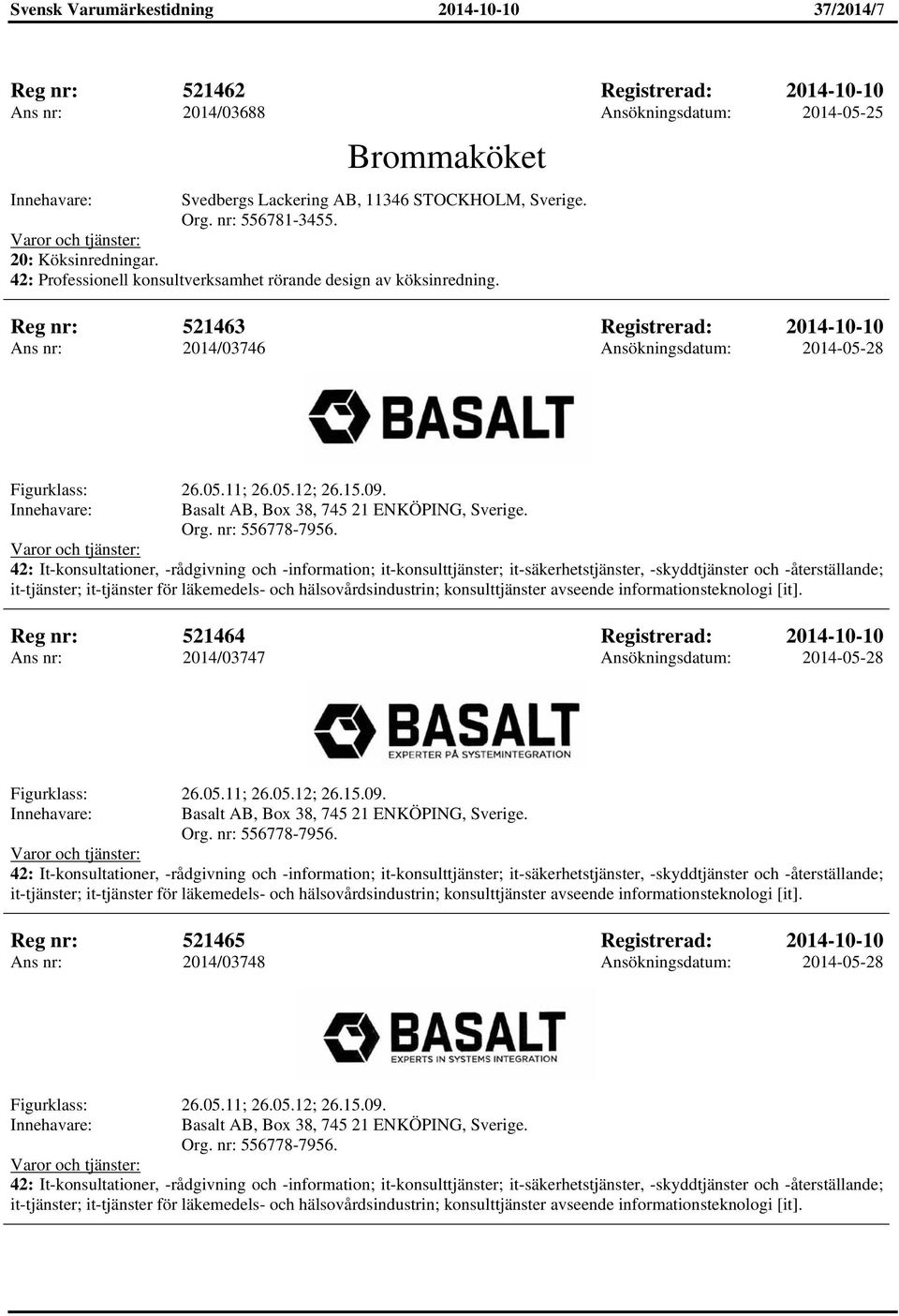 Reg nr: 521463 Registrerad: 2014-10-10 Ans nr: 2014/03746 Ansökningsdatum: 2014-05-28 Figurklass: 26.05.11; 26.05.12; 26.15.09. Basalt AB, Box 38, 745 21 ENKÖPING, Sverige. Org. nr: 556778-7956.