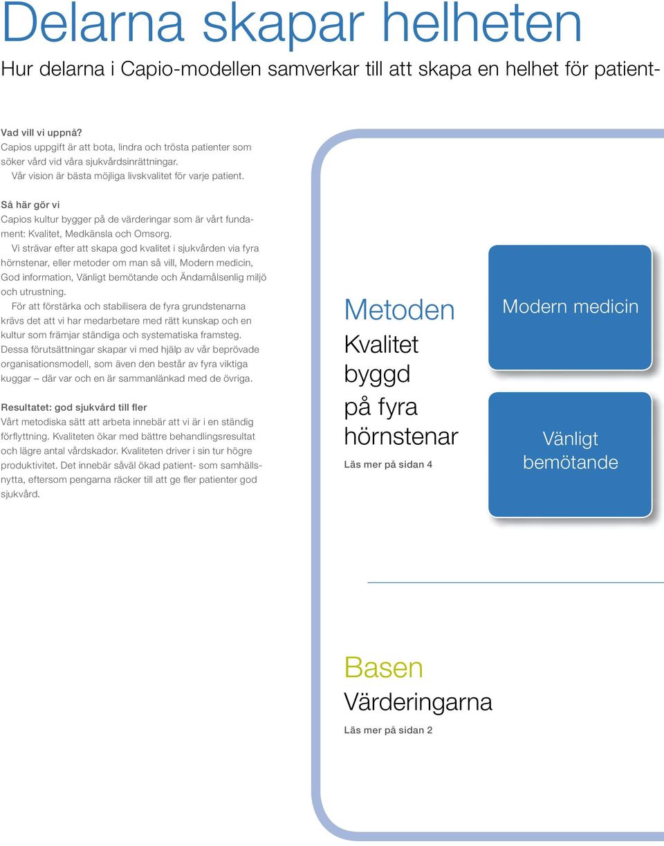Så här gör vi Capios kultur bygger på de värderingar som är vårt fundament: Kvalitet, Medkänsla och Omsorg.
