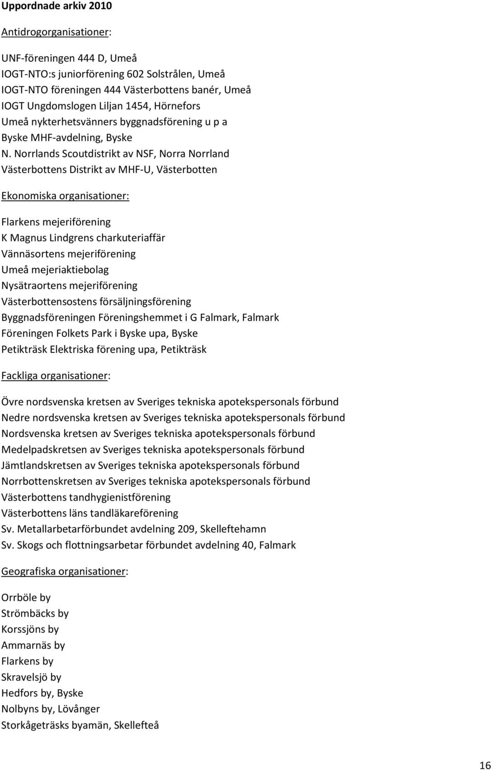 Norrlands Scoutdistrikt av NSF, Norra Norrland Västerbottens Distrikt av MHF-U, Västerbotten Ekonomiska organisationer: Flarkens mejeriförening K Magnus Lindgrens charkuteriaffär Vännäsortens