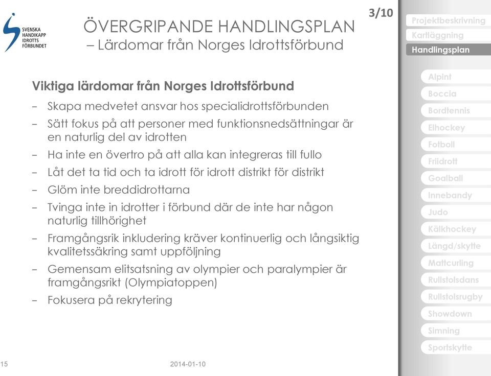 för idrott distrikt för distrikt Glöm inte breddidrottarna Tvinga inte in idrotter i förbund där de inte har någon naturlig tillhörighet Framgångsrik inkludering kräver