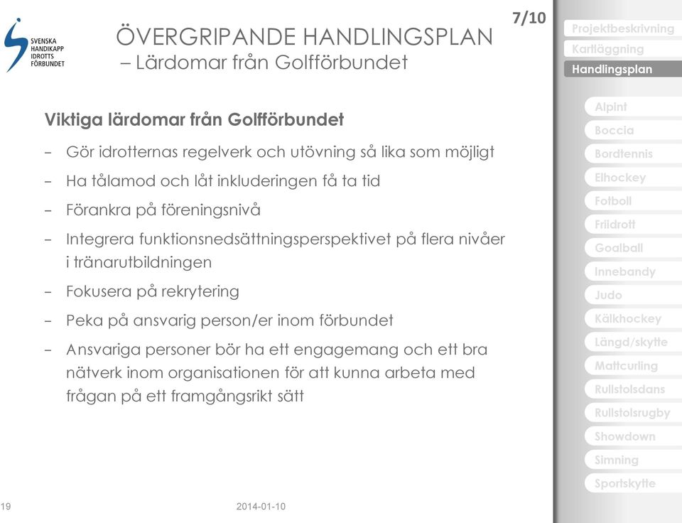 funktionsnedsättningsperspektivet på flera nivåer i tränarutbildningen Fokusera på rekrytering Peka på ansvarig person/er inom