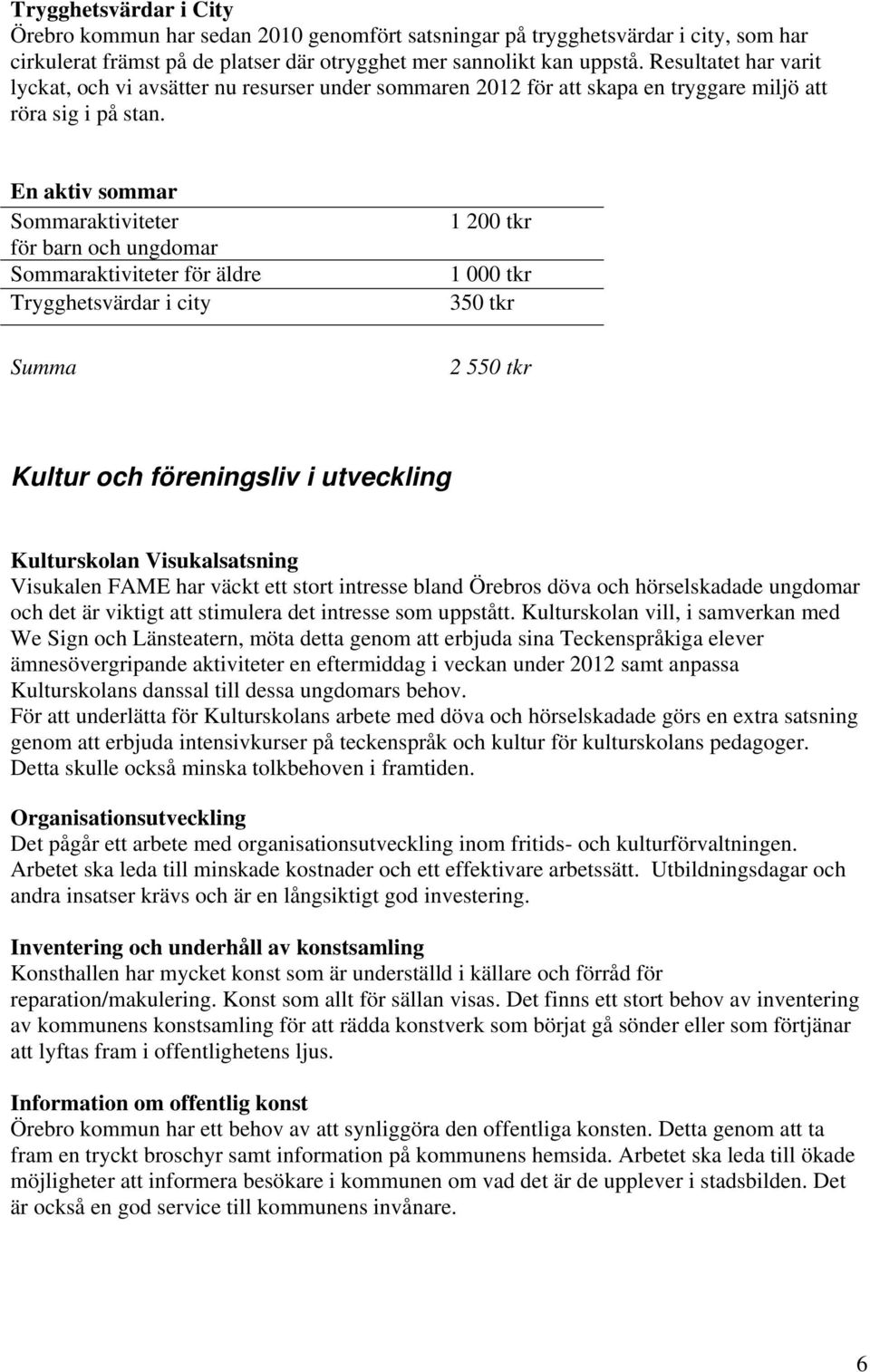 En aktiv sommar Sommaraktiviteter för barn och ungdomar Sommaraktiviteter för äldre Trygghetsvärdar i city Summa 1 200 tkr 1 000 tkr 350 tkr 2 550 tkr Kultur och föreningsliv i utveckling