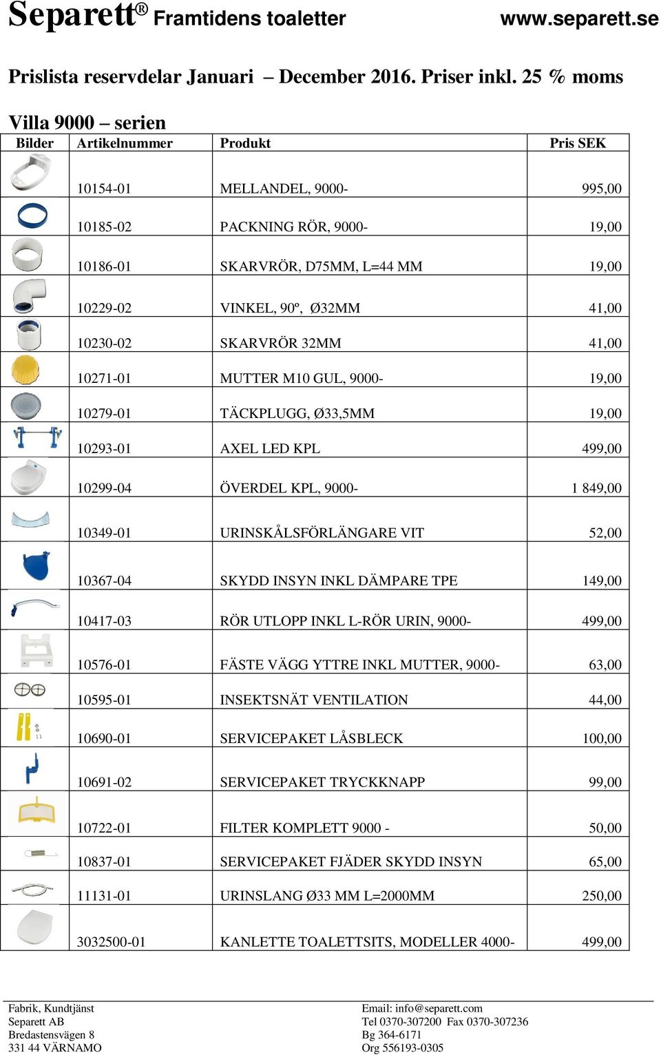 10271-01 MUTTER M10 GUL, 9000-19,00 10279-01 TÄCKPLUGG, Ø33,5MM 19,00 10293-01 AXEL LED KPL 499,00 10299-04 ÖVERDEL KPL, 9000-1 849,00 10349-01 URINSKÅLSFÖRLÄNGARE VIT 52,00 10367-04 SKYDD INSYN INKL