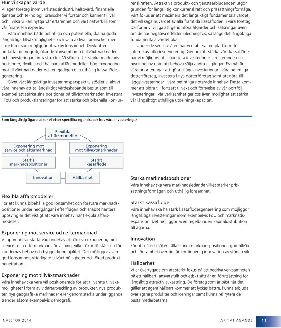 Våra innehav, både befintliga och potentiella, ska ha goda långsiktiga tillväxtmöjligheter och vara aktiva i branscher med strukturer som möjliggör attraktiv lönsamhet.