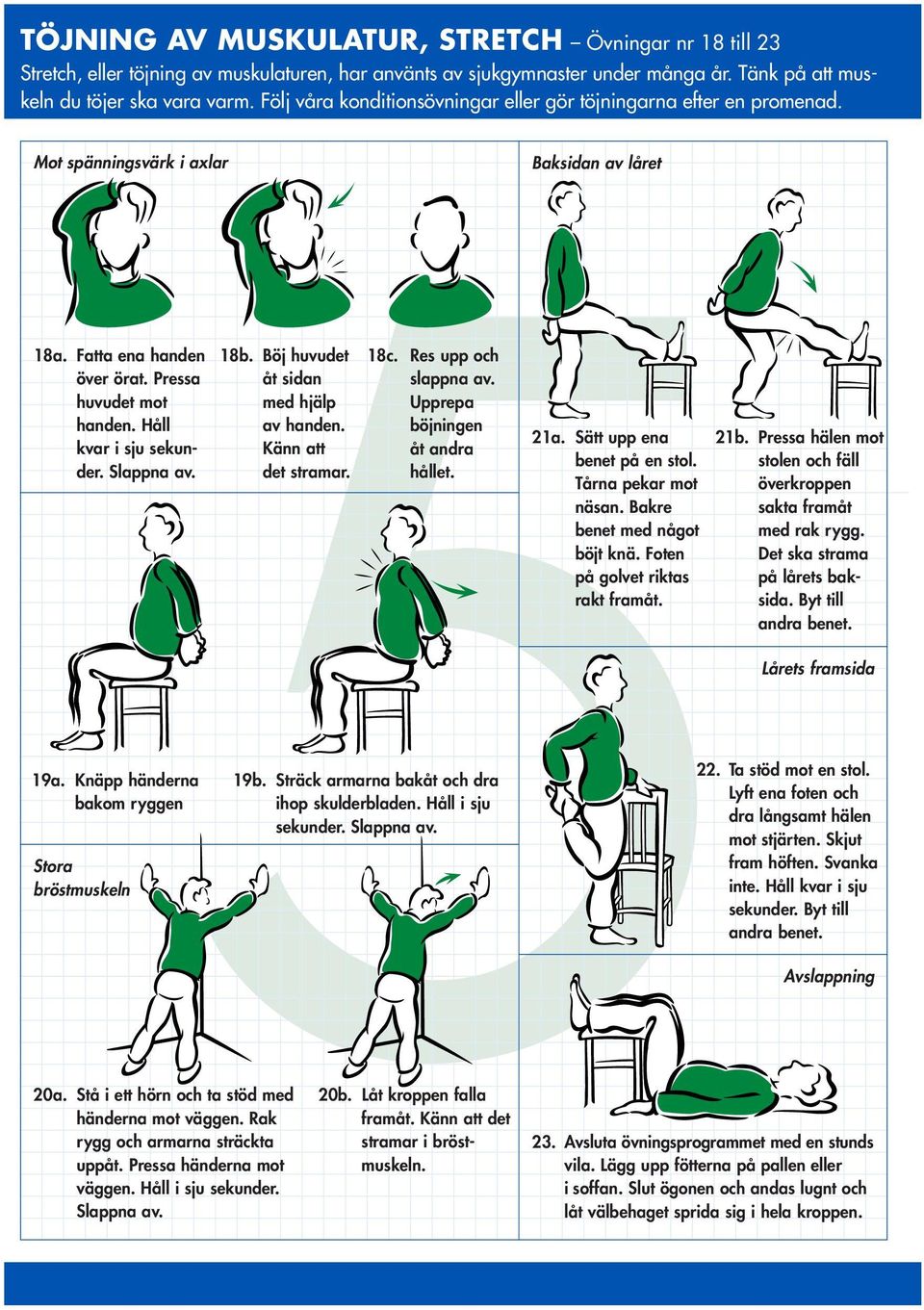 Håll kvar i sju sekun - der. Slappna av. 18b. Böj huvudet åt sidan med hjälp av handen. Känn att det stramar. 18c. Res upp och slappna av. Upprepa böjningen åt andra hållet. 21a.