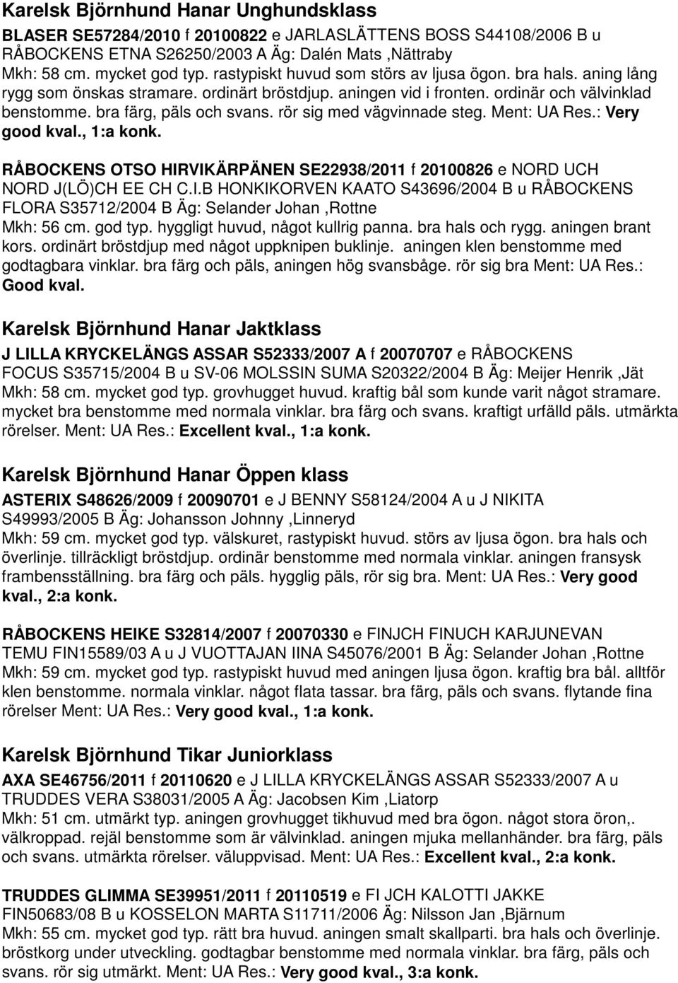 rör sig med vägvinnade steg. Ment: UA Res.: Very good kval., 1:a konk. RÅBOCKENS OTSO HIRVIKÄRPÄNEN SE22938/2011 f 20100826 e NORD UCH NORD J(LÖ)CH EE CH C.I.B HONKIKORVEN KAATO S43696/2004 B u RÅBOCKENS FLORA S35712/2004 B Äg: Selander Johan,Rottne Mkh: 56 cm.