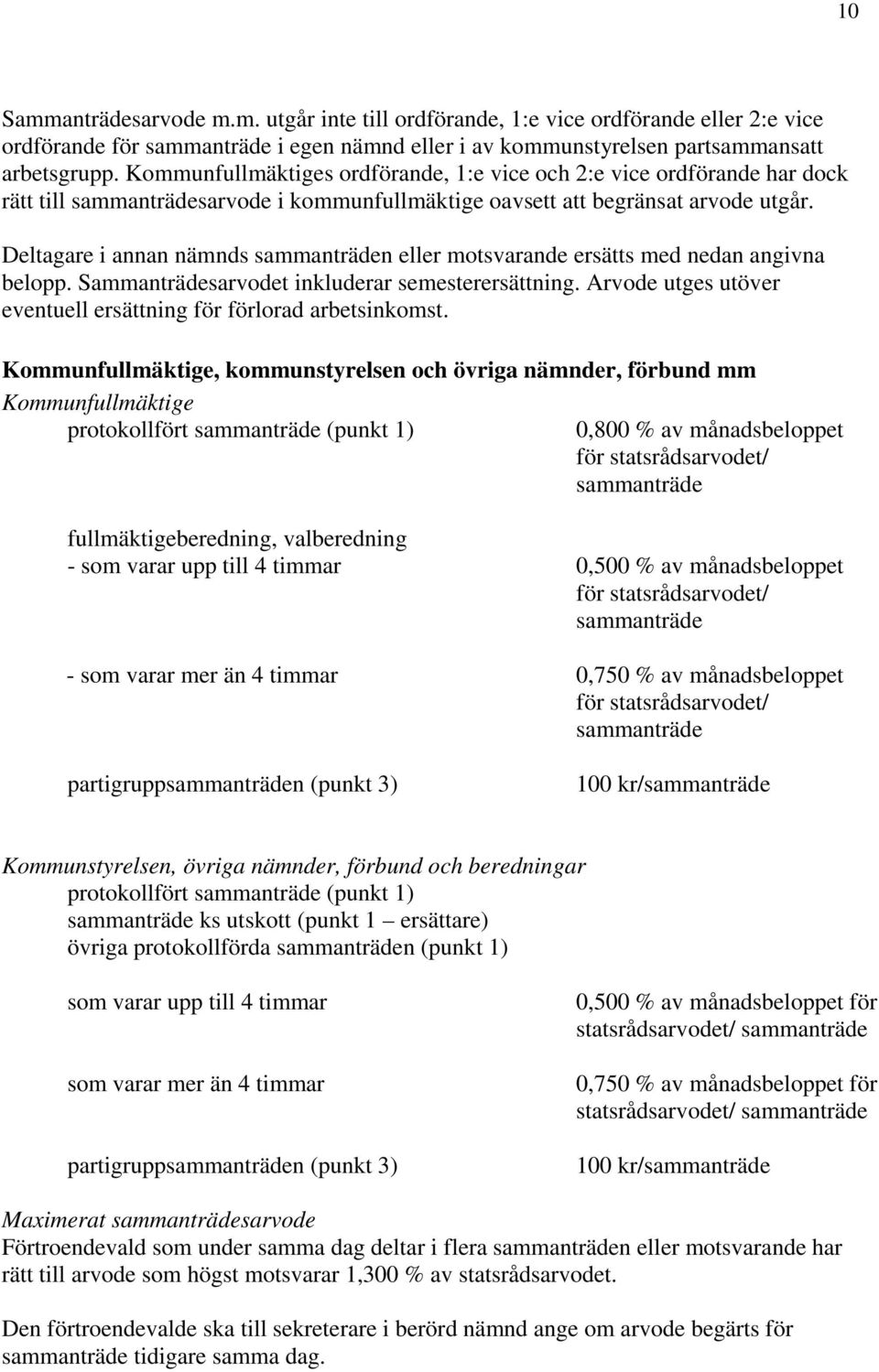 Deltagare i annan nämnds sammanträden eller motsvarande ersätts med nedan angivna belopp. Sammanträdesarvodet inkluderar semesterersättning.