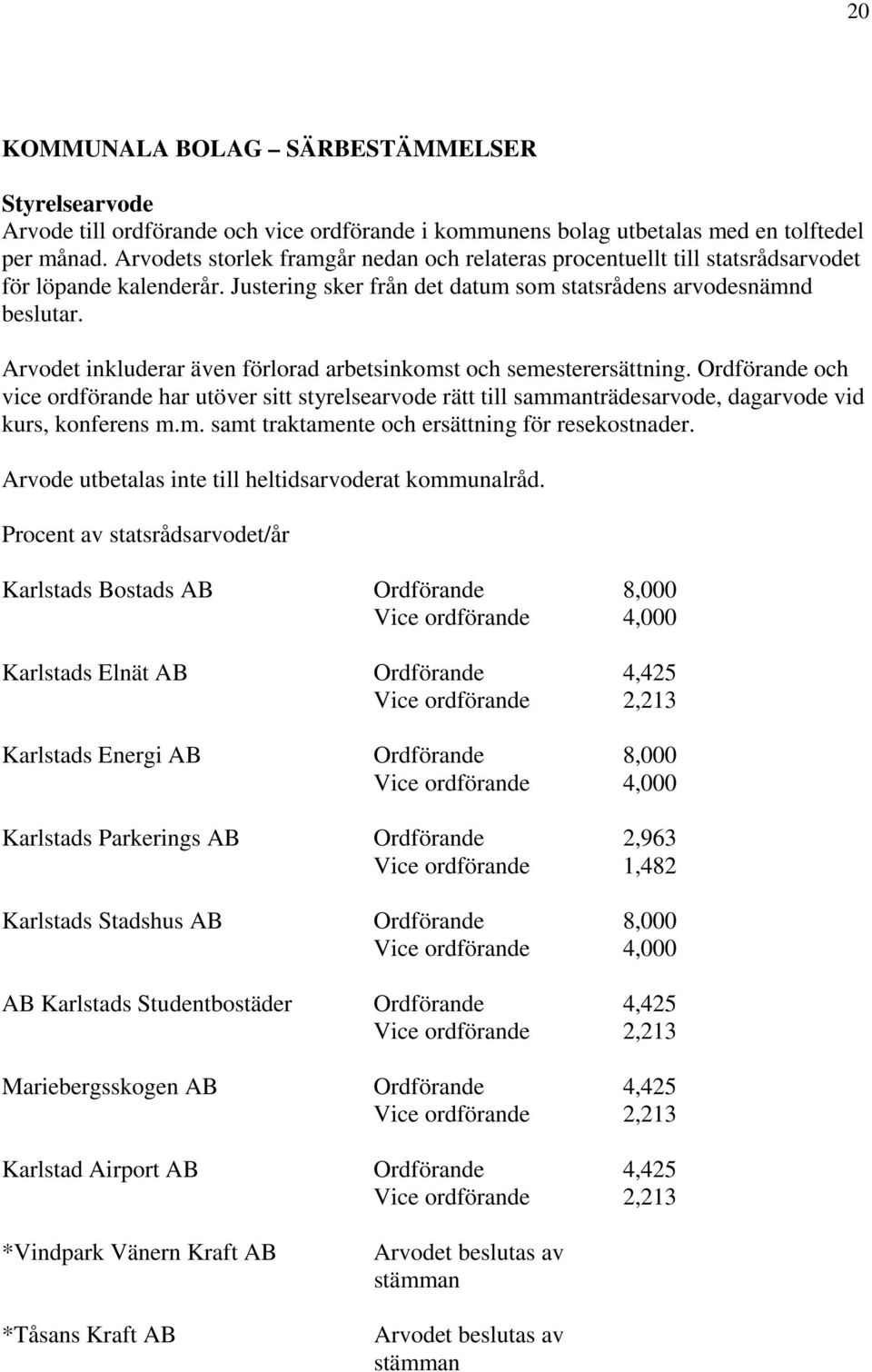 Arvodet inkluderar även förlorad arbetsinkomst och semesterersättning. Ordförande och vice ordförande har utöver sitt styrelsearvode rätt till sammanträdesarvode, dagarvode vid kurs, konferens m.m. samt traktamente och ersättning för resekostnader.