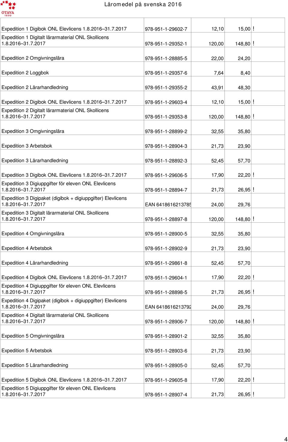 Elevlicens 1.8.2016 31.7.2017 978-951-1-29603-4 12,10 15,00! Expedition 2 Digitalt lärarmaterial ONL Skollicens 1.8.2016 31.7.2017 978-951-1-29353-8 120,00 148,80!