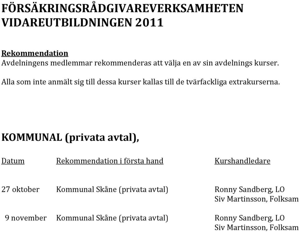 KOMMUNAL (privata avtal), Datum i första hand Kurshandledare 27