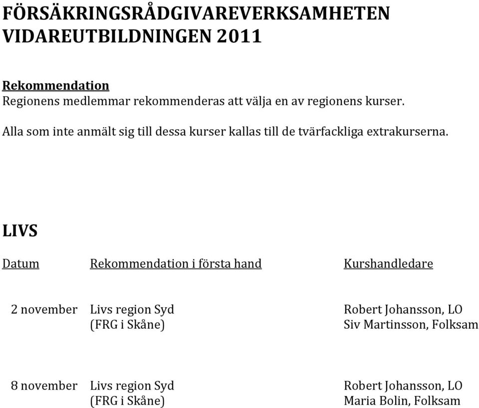 LIVS Datum i första hand Kurshandledare 2 november Livs region