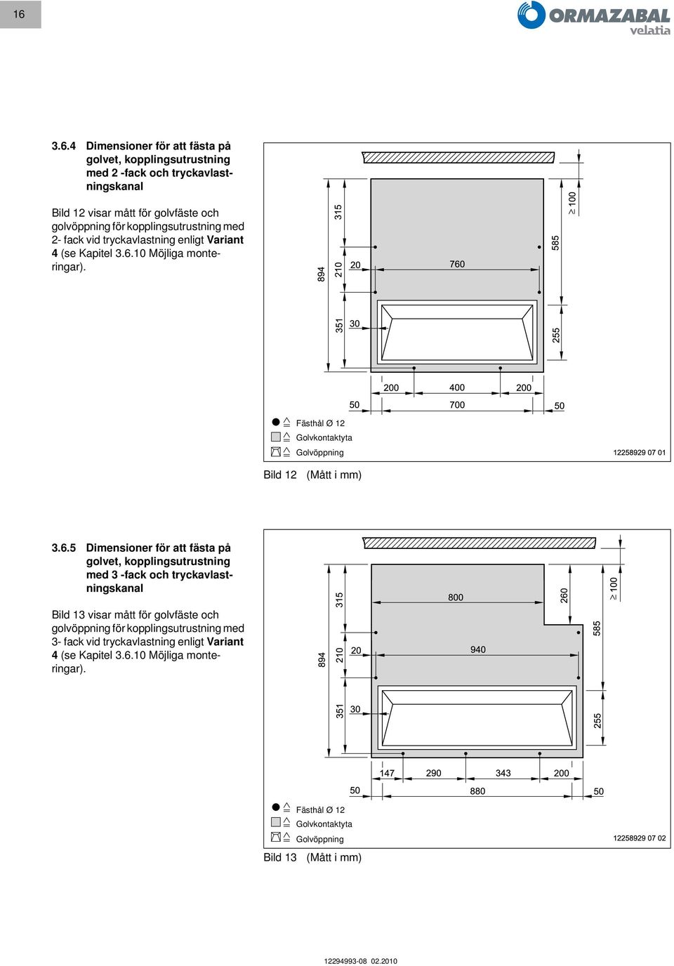 Fästhål Ø 12 Golvkontaktyta Golvöppning Bild 12 (Mått i mm) 3.6.