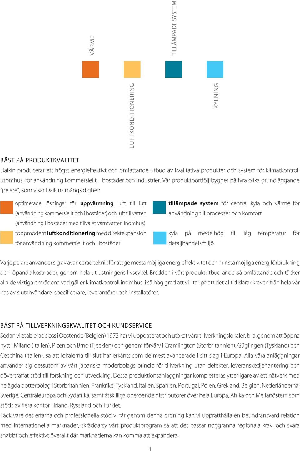 Vår produktportfölj bygger på fyra olika grundläggande pelare, som visar Daikins mångsidighet: optimerade lösningar för uppvärmning: luft till luft (användning kommersiellt och i bostäder) och luft