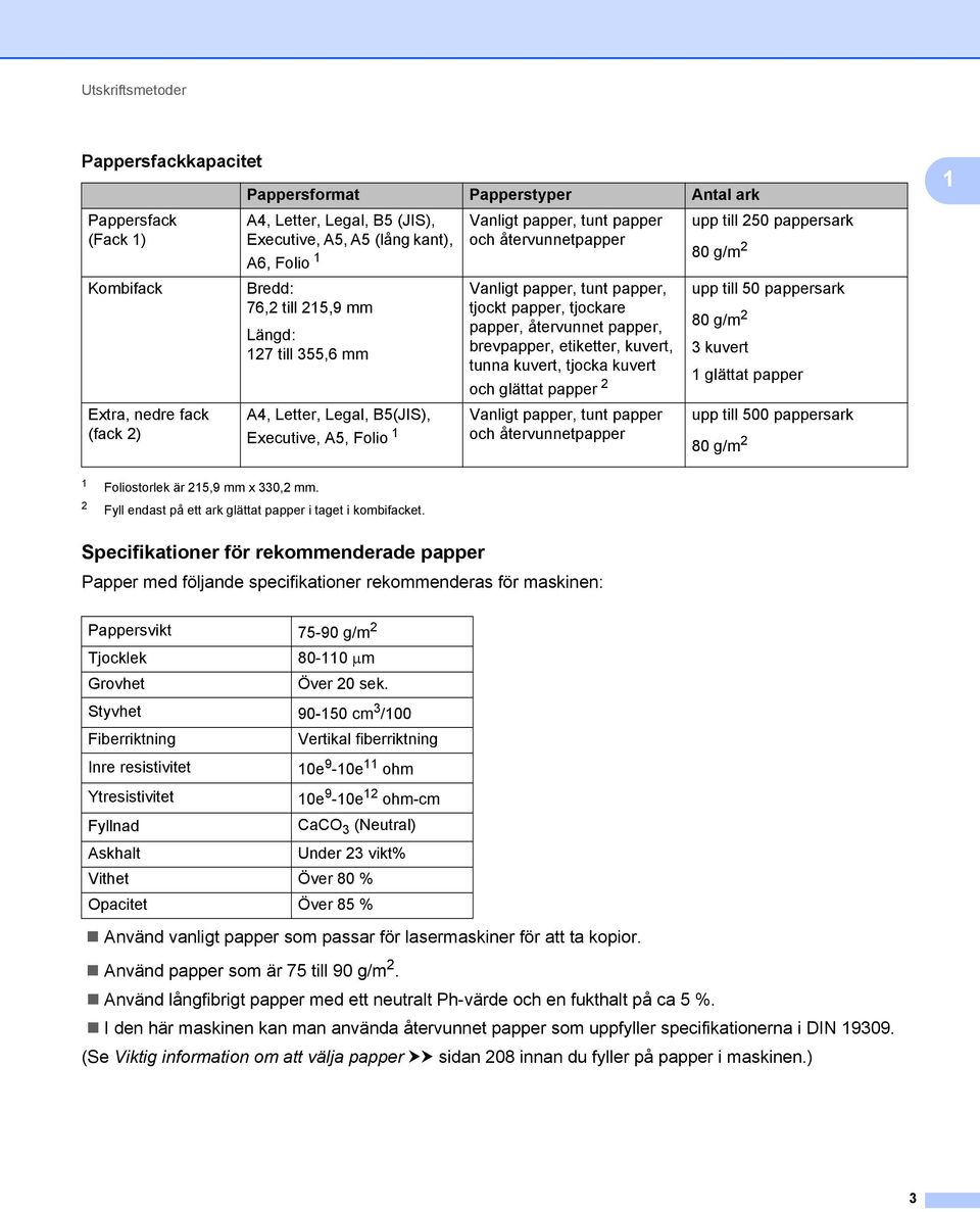 papper, tunt papper, tjockt papper, tjockare papper, återvunnet papper, brevpapper, etiketter, kuvert, tunna kuvert, tjocka kuvert och glättat papper 2 Vanligt papper, tunt papper och