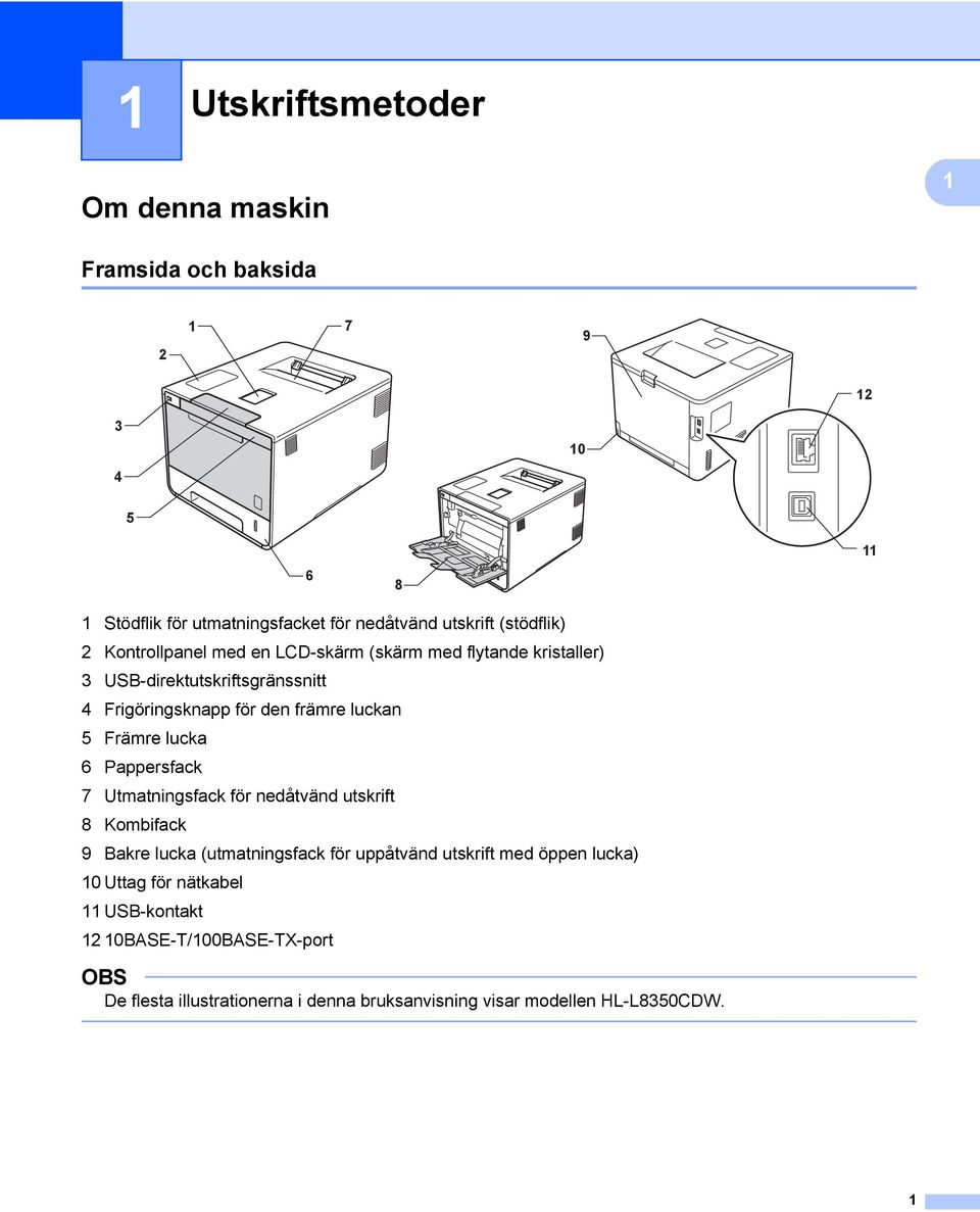 5 Främre lucka 6 Pappersfack 7 Utmatningsfack för nedåtvänd utskrift 8 Kombifack 9 Bakre lucka (utmatningsfack för uppåtvänd utskrift med öppen