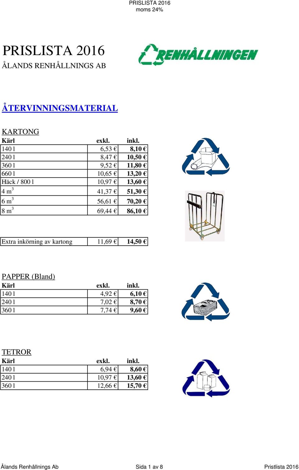 86,10 Extra inkörning av kartong 11,69 14,50 PAPPER (Bland) 140 l 4,92 6,10 240 l 7,02 8,70 360 l 7,74