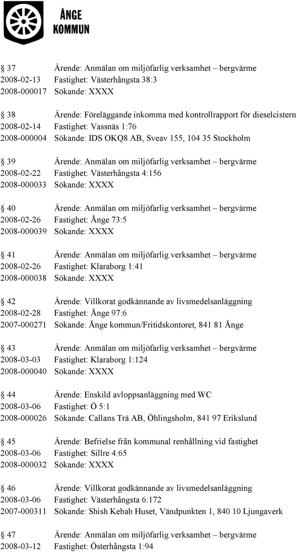 2008-000033 Sökande: XXXX 40 Ärende: Anmälan om miljöfarlig verksamhet bergvärme 2008-02-26 Fastighet: Ånge 73:5 2008-000039 Sökande: XXXX 41 Ärende: Anmälan om miljöfarlig verksamhet bergvärme