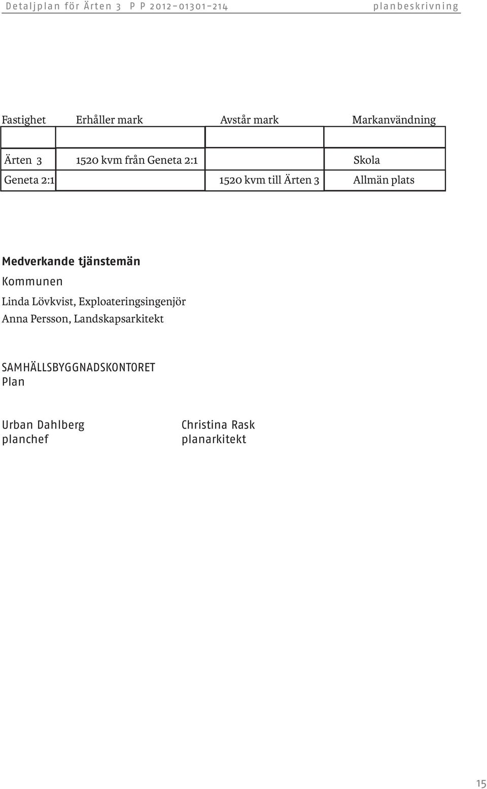 Allmän plats Medverkande tjänstemän Kommunen Linda Lövkvist, Exploateringsingenjör Anna