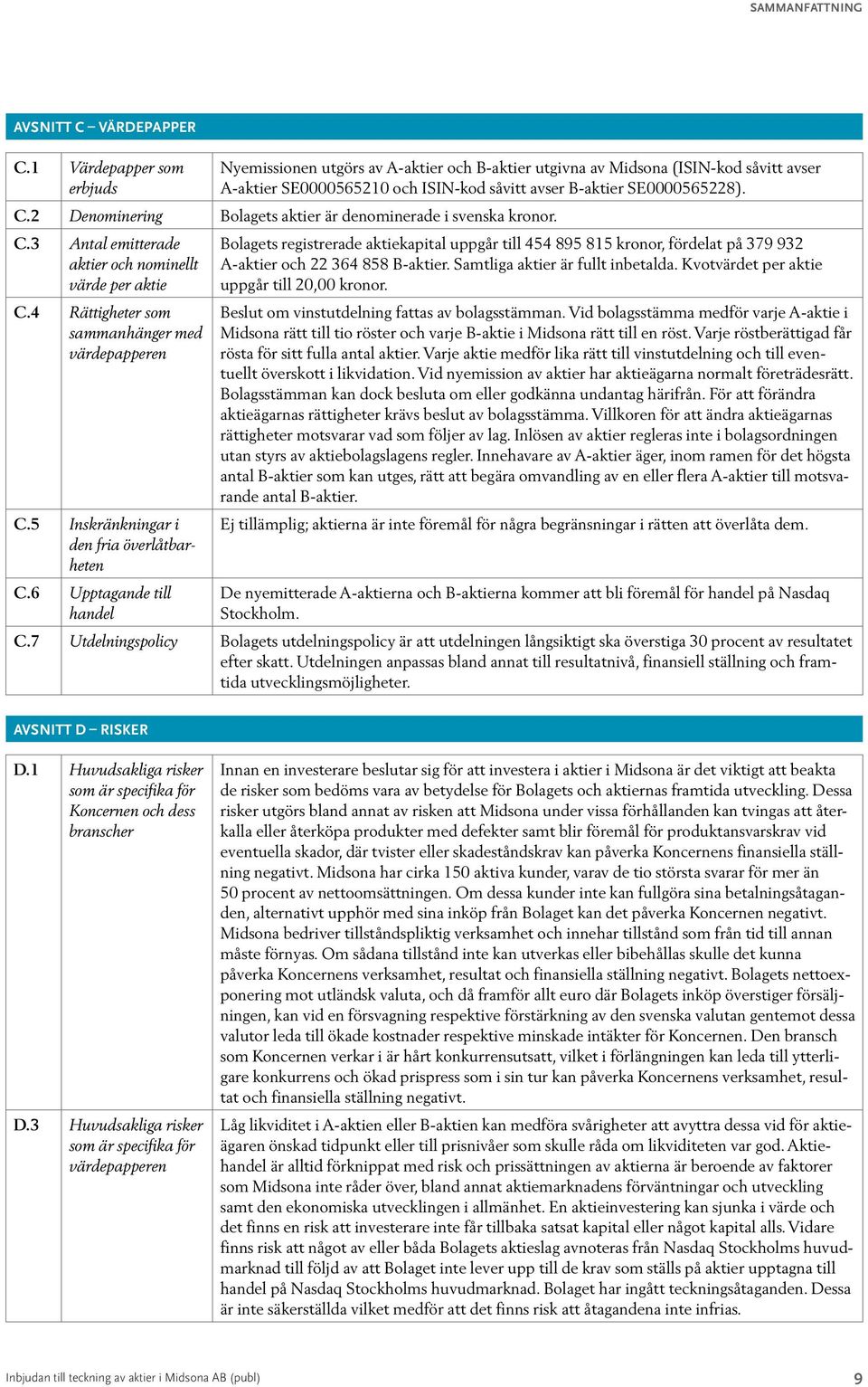 2 Denominering Bolagets aktier är denominerade i svenska kronor. C.3 Antal emitterade aktier och nominellt värde per aktie C.4 Rättigheter som sammanhänger med värdepapperen C.