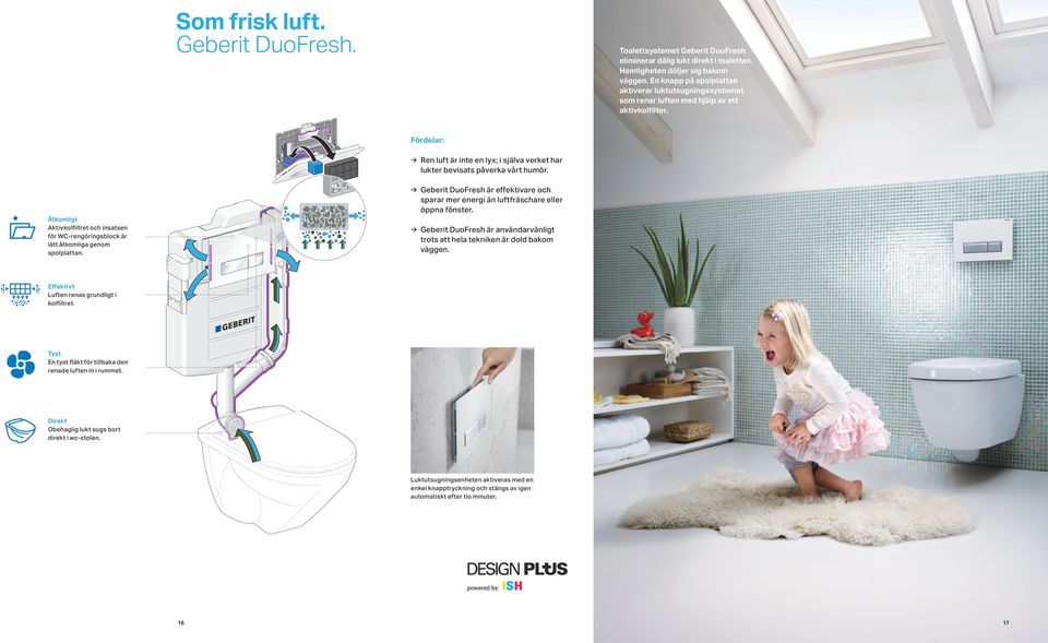 Geberit DuoFresh är effektivare och sparar mer energi än luftfräschare eller öppna fönster. Åtkomligt Aktivkolfiltret och insatsen för WC-rengöringsblock är lätt åtkomliga genom spolplattan.