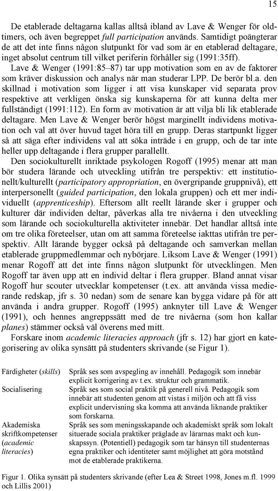 Lave & Wenger (1991:85 87) tar upp motivation som en av de faktorer som kräver diskussion och analys när man studerar LPP. De berör bl.a. den skillnad i motivation som ligger i att visa kunskaper vid separata prov respektive att verkligen önska sig kunskaperna för att kunna delta mer fullständigt (1991:112).