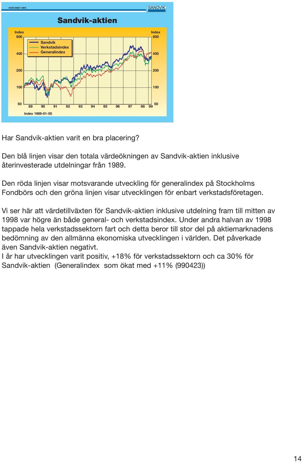 Den röda linjen visar motsvarande utveckling för generalindex på Stockholms Fondbörs och den gröna linjen visar utvecklingen för enbart verkstadsföretagen.