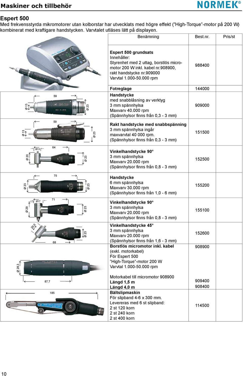 000 rpm 988400 Ø 28,3 Ø 13 Ø 13 Ø13 59 68 Ø 23 75 71 Ø17 Ø 23 Ø 29 20,0 87,7 Ø 20 Ø 23 185 59 64 Ø 23 Ø 23 Ø 23 Ø 23 Fotreglage 144000 Handstycke med snabblåsning av verktyg 3 mm spännhylsa Maxvarv