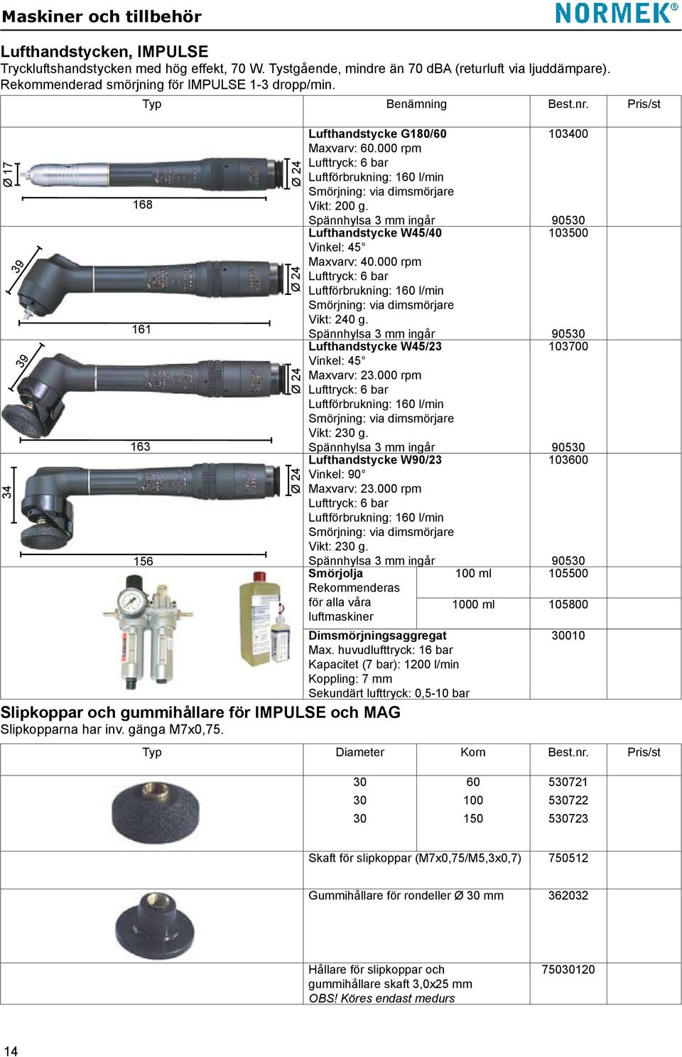 Spännhylsa 3 mm ingår Lufthandstycke W45/40 Vinkel: 45 Maxvarv: 40.000 rpm Lufttryck: 6 bar Luftförbrukning: 160 l/min Smörjning: via dimsmörjare Vikt: 240 g.