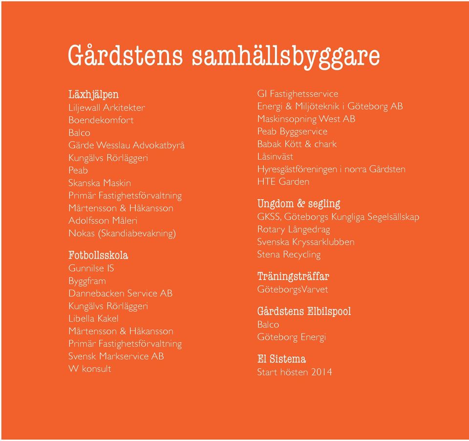 Markservice AB W konsult GI Fastighetsservice Energi & Miljöteknik i Göteborg AB Maskinsopning West AB Peab Byggservice Babak Kött & chark Låsinväst Hyresgästföreningen i norra Gårdsten HTE Garden