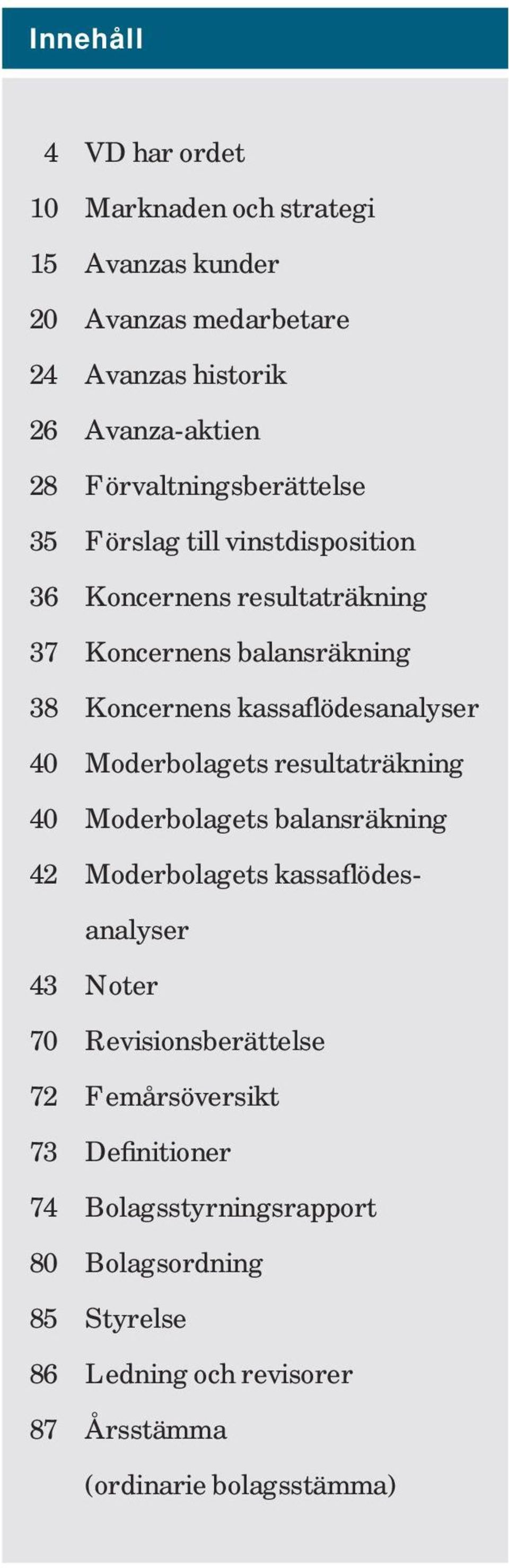 kassaflödesanalyser 40 Moderbolagets resultaträkning 40 Moderbolagets balansräkning 42 Moderbolagets kassaflödesanalyser 43 Noter 70