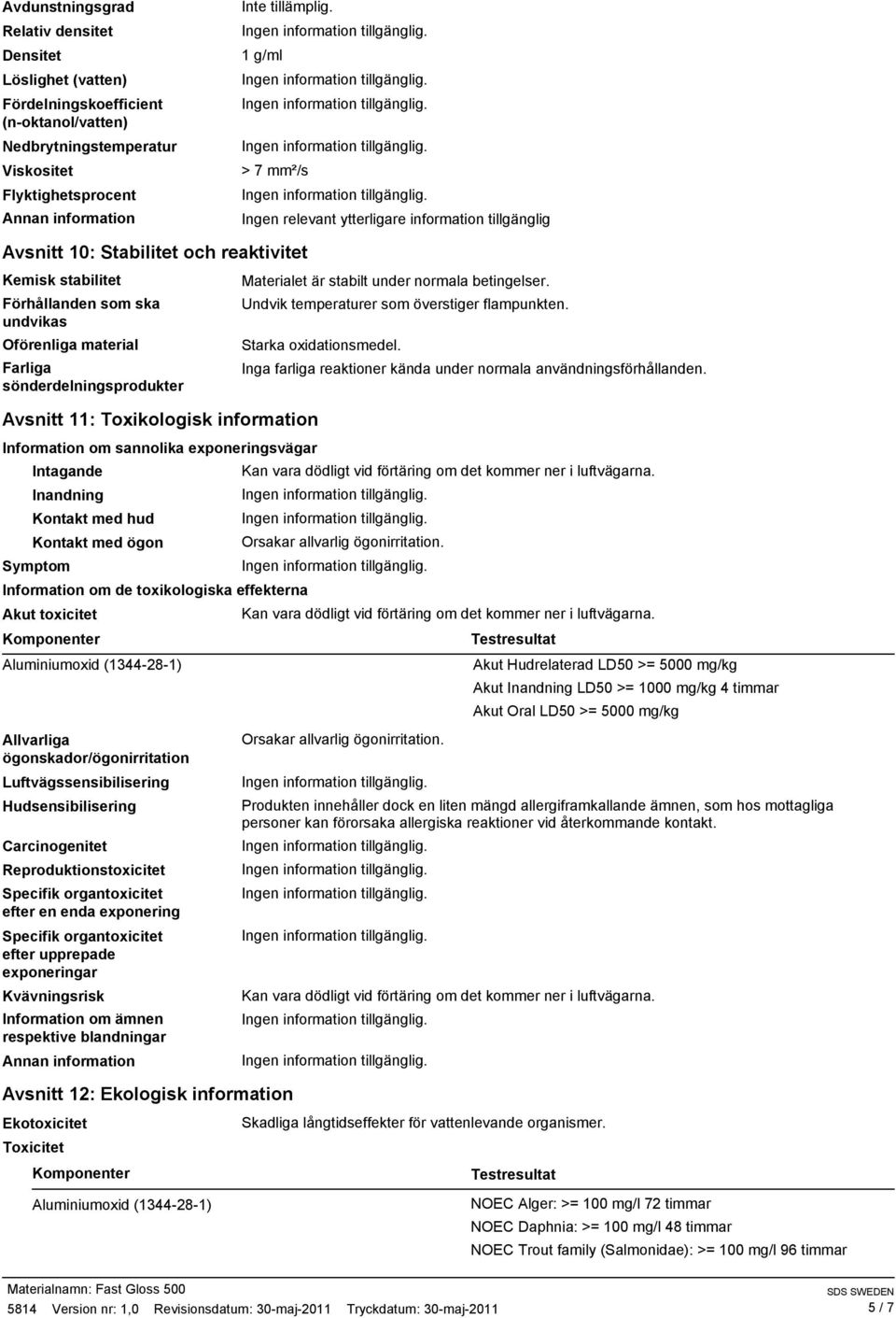 Toxikologisk information Information om sannolika exponeringsvägar Intagande Inandning Kontakt med hud Kontakt med ögon Symptom Information om de toxikologiska effekterna Akut toxicitet Komponenter