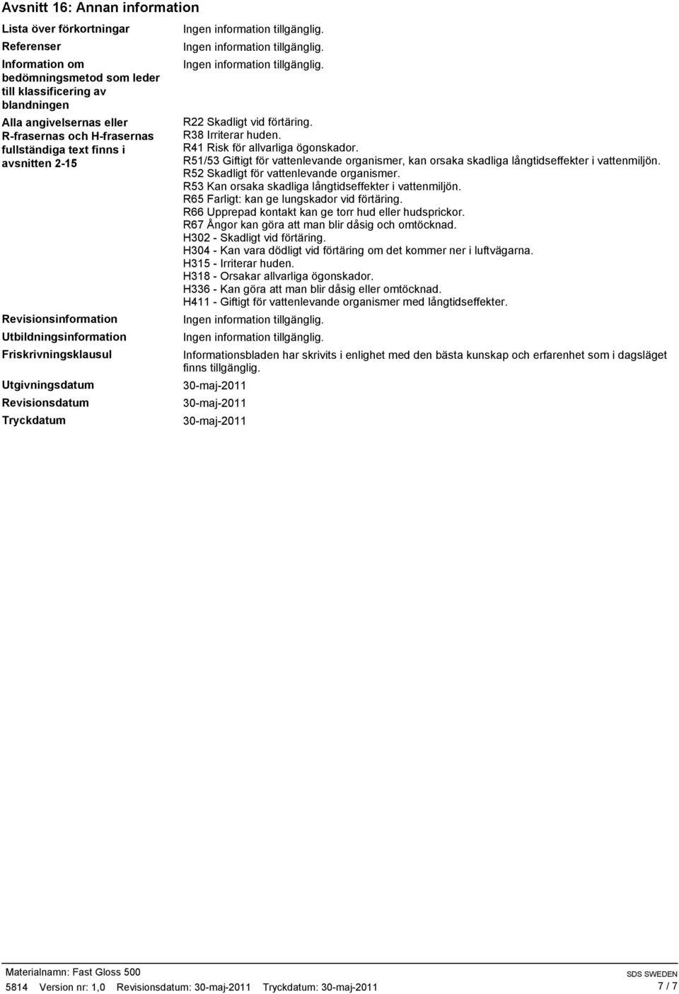 R41 Risk för allvarliga ögonskador. R51/53 Giftigt för vattenlevande organismer, kan orsaka skadliga långtidseffekter i vattenmiljön. R52 Skadligt för vattenlevande organismer.