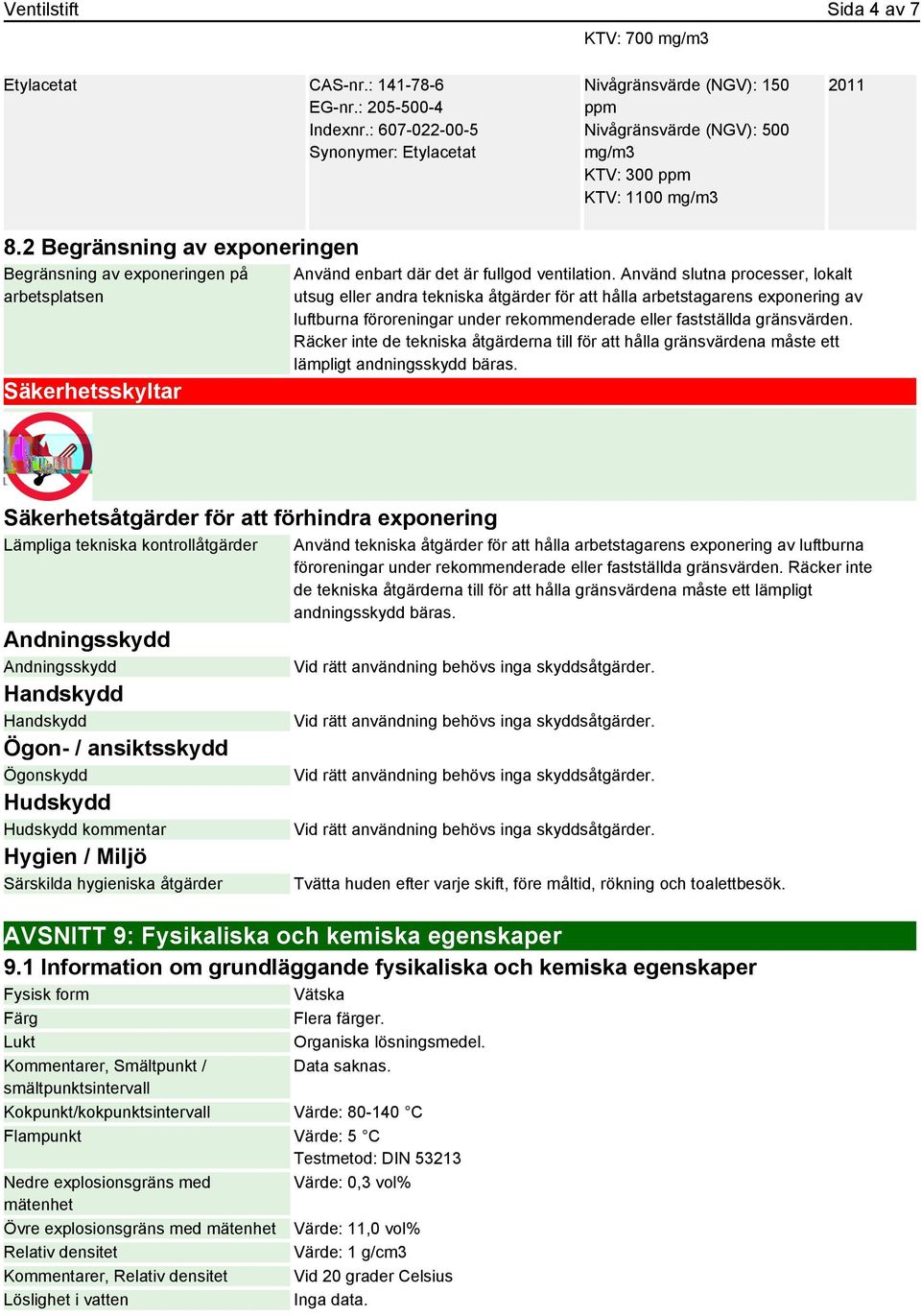 2 Begränsning av exponeringen Begränsning av exponeringen på arbetsplatsen Säkerhetsskyltar Använd enbart där det är fullgod ventilation.