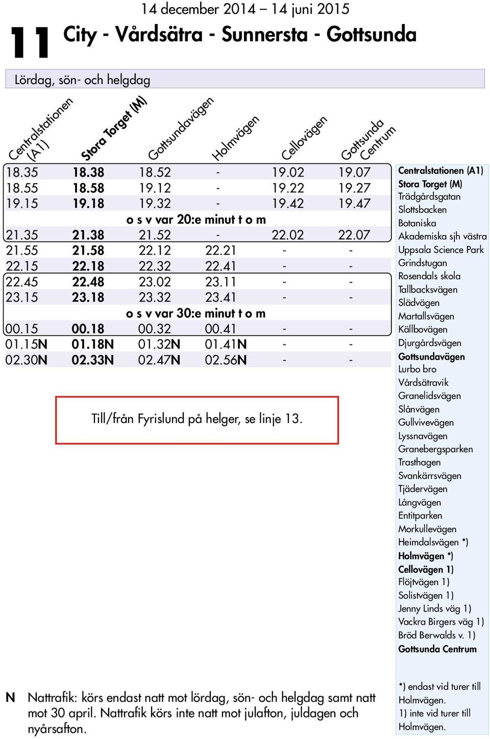 41N - - 02.30N 02.33N 02.47N 02.56N - - Till/från Fyrislund på helger, se linje 13.