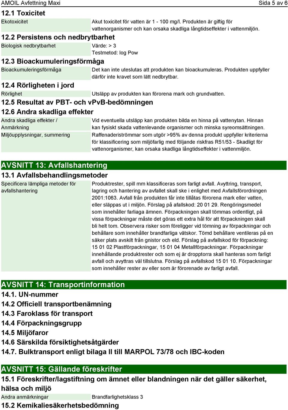 6 Andra skadliga effekter Andra skadliga effekter / Anmärkning Miljöupplysningar, summering AVSNITT 13: Avfallshantering 13.