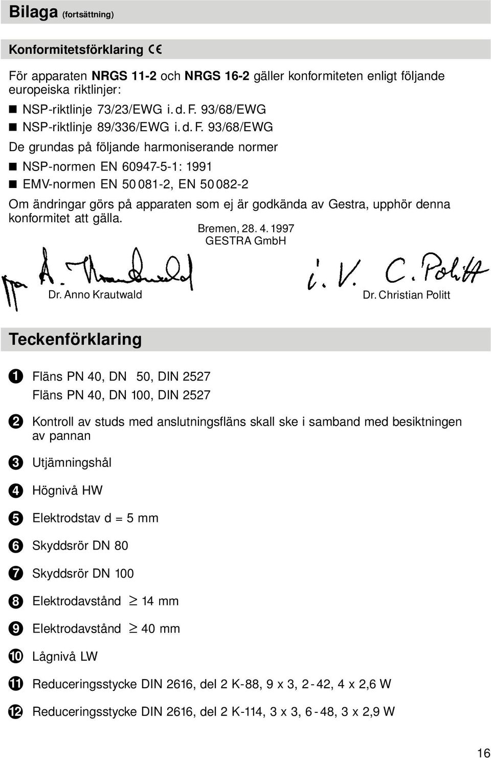 konformitet att gälla. Bremen, 28.. 1997 GESTRA GmbH Dr. Anno Krautwald Dr.