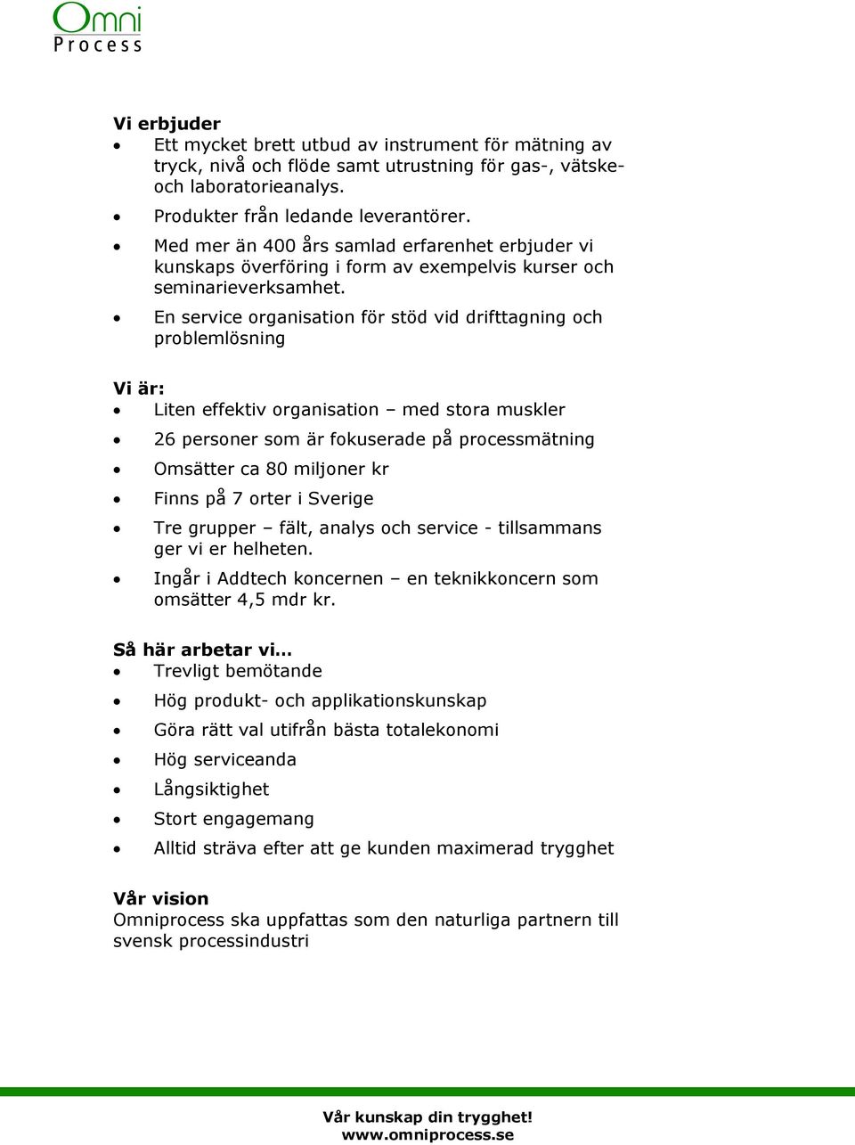 En service organisation för stöd vid drifttagning och problemlösning Vi är: Liten effektiv organisation med stora muskler 26 personer som är fokuserade på processmätning Omsätter ca 80 miljoner kr