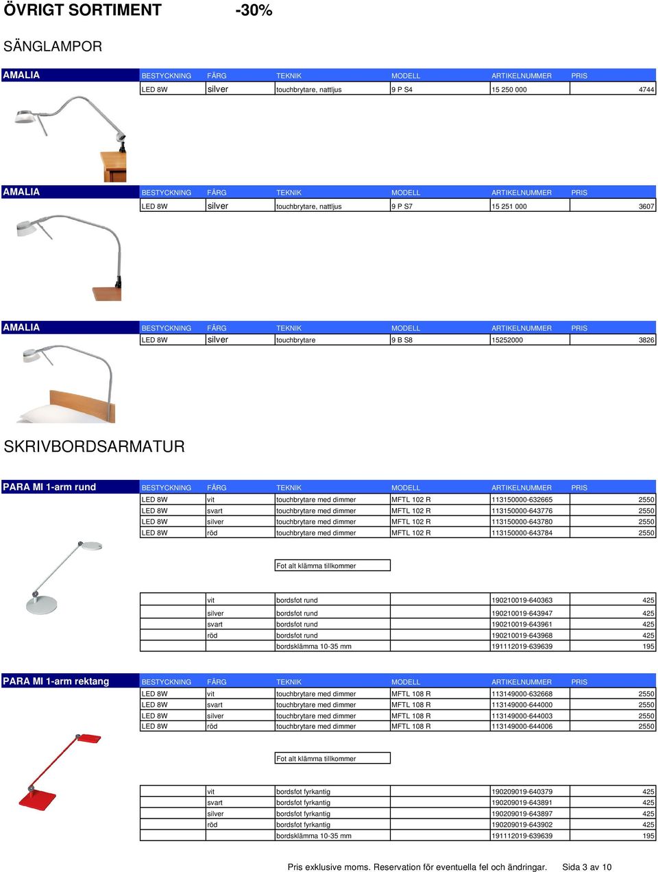 SKRIVBORDSARMATUR PARA MI 1-arm rund BESTYCKNING FÄRG TEKNIK MODELL ARTIKELNUMMER PRIS LED 8W vit touchbrytare med dimmer MFTL 102 R 113150000-632665 2550 LED 8W svart touchbrytare med dimmer MFTL