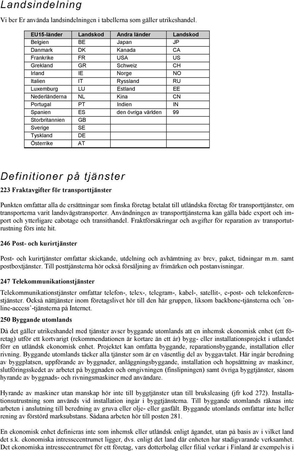Nederländerna NL Kina CN Portugal PT Indien IN Spanien ES den övriga världen 99 Storbritannien GB Sverige SE Tyskland DE Österrike AT Definitioner på tjänster 223 Fraktavgifter för transporttjänster