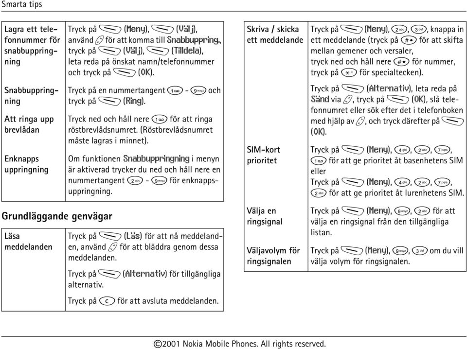 Skriva / skicka ett meddelande Tryck på M (Meny), 2, 3, knappa in ett meddelande (tryck på # för att skifta mellan gemener och versaler, tryck ned och håll nere # för nummer, tryck på * för