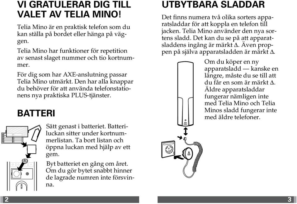 Den har alla knappar du behöver för att använda telefonstationens nya praktiska PLUS-tjänster. BATTERI R = Sätt genast i batteriet. Batteriluckan sitter under kortnummerlistan.