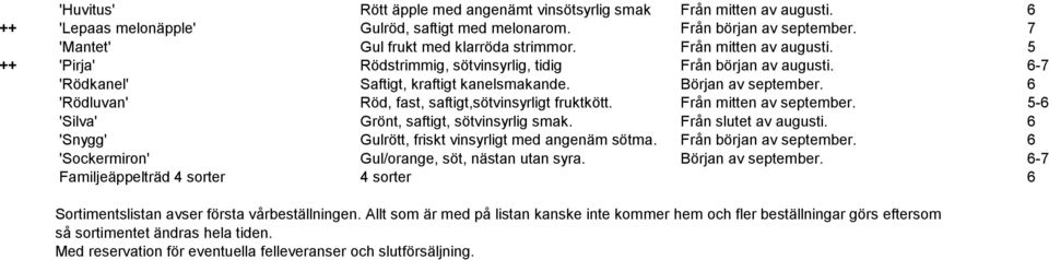 Början av september. 6 'Rödluvan' Röd, fast, saftigt,sötvinsyrligt fruktkött. Från mitten av september. 5-6 'Silva' Grönt, saftigt, sötvinsyrlig smak. Från slutet av augusti.