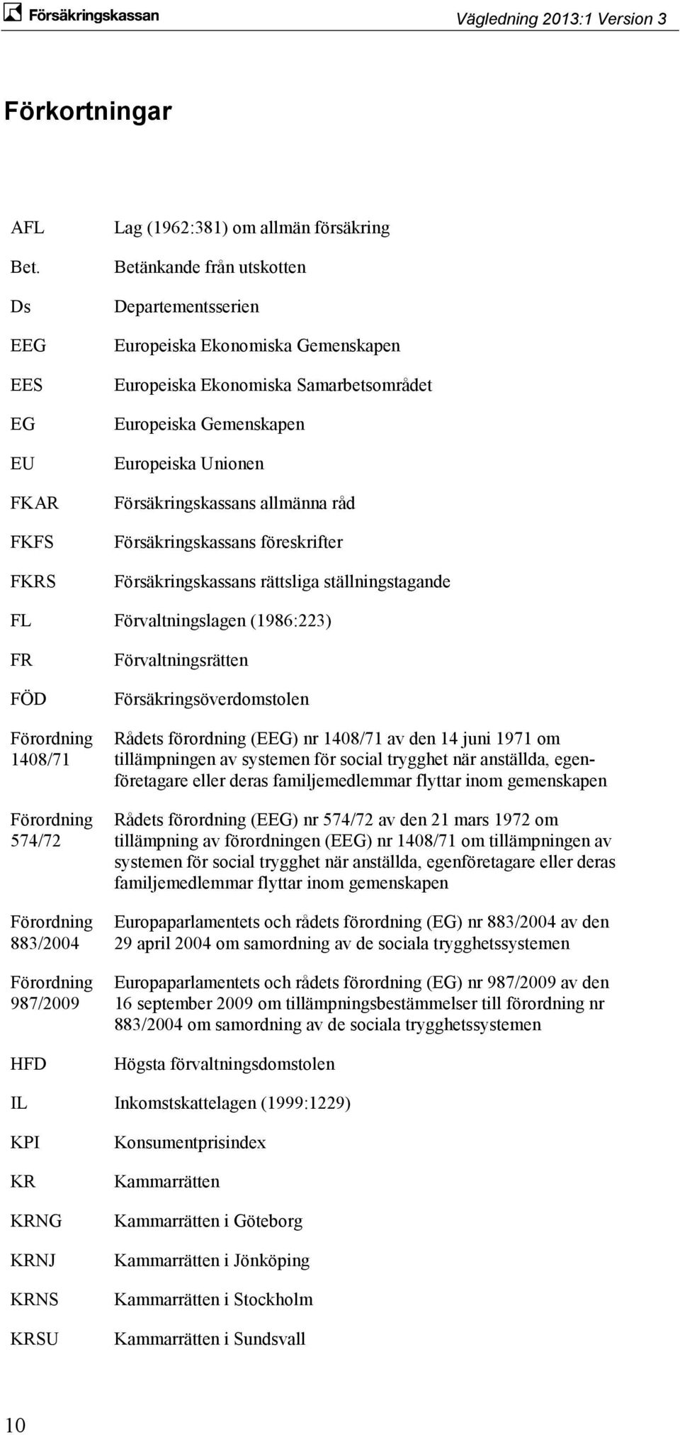 Gemenskapen Europeiska Unionen Försäkringskassans allmänna råd Försäkringskassans föreskrifter Försäkringskassans rättsliga ställningstagande FL Förvaltningslagen (1986:223) FR FÖD Förordning 1408/71